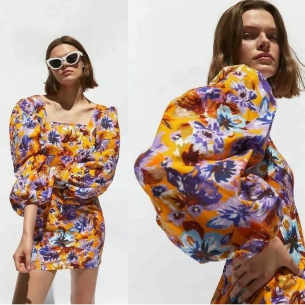 Zara Camilla Floral Square Neck Off The Shoulder Balloon Sleeve Mini Dress